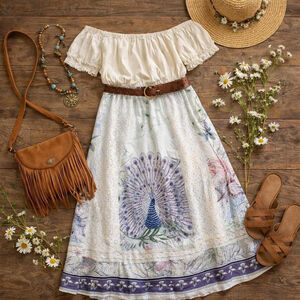 Vintage 70s peacock and floral midi prairie skirt Tumbleweeds